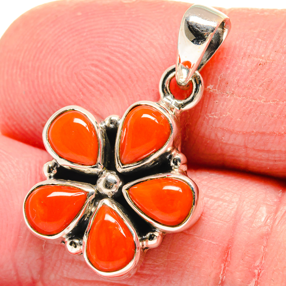 Red coral flower pendant with teardrop stones, 925 sterling silver bail
