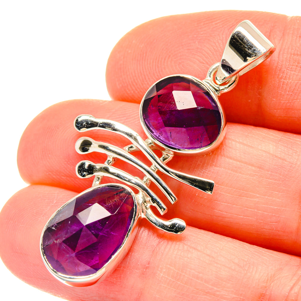 925 silver amethyst pendant with two purple stones and openwork bar setting