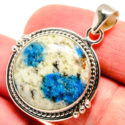 Oval blue azurite pendant in 925 sterling silver with ornate rope bezel and bail