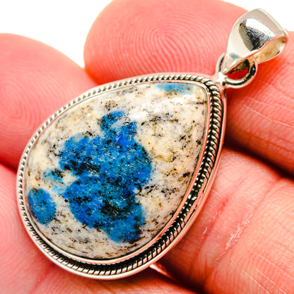 Teardrop azurite cabochon pendant, 925 sterling silver with rope-edged bezel