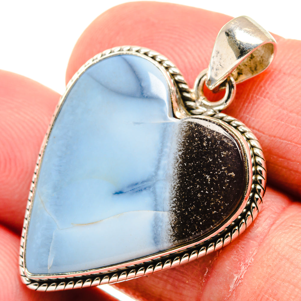 925 sterling silver opal heart pendant, blue stone with dark backing, rope trim