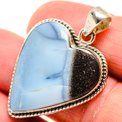 925 sterling silver opal heart pendant, blue stone with dark backing, rope trim