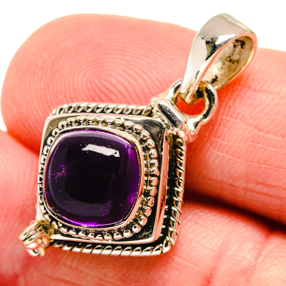 Amethyst pendant close-up: purple square stone bezel, 925 sterling silver bail