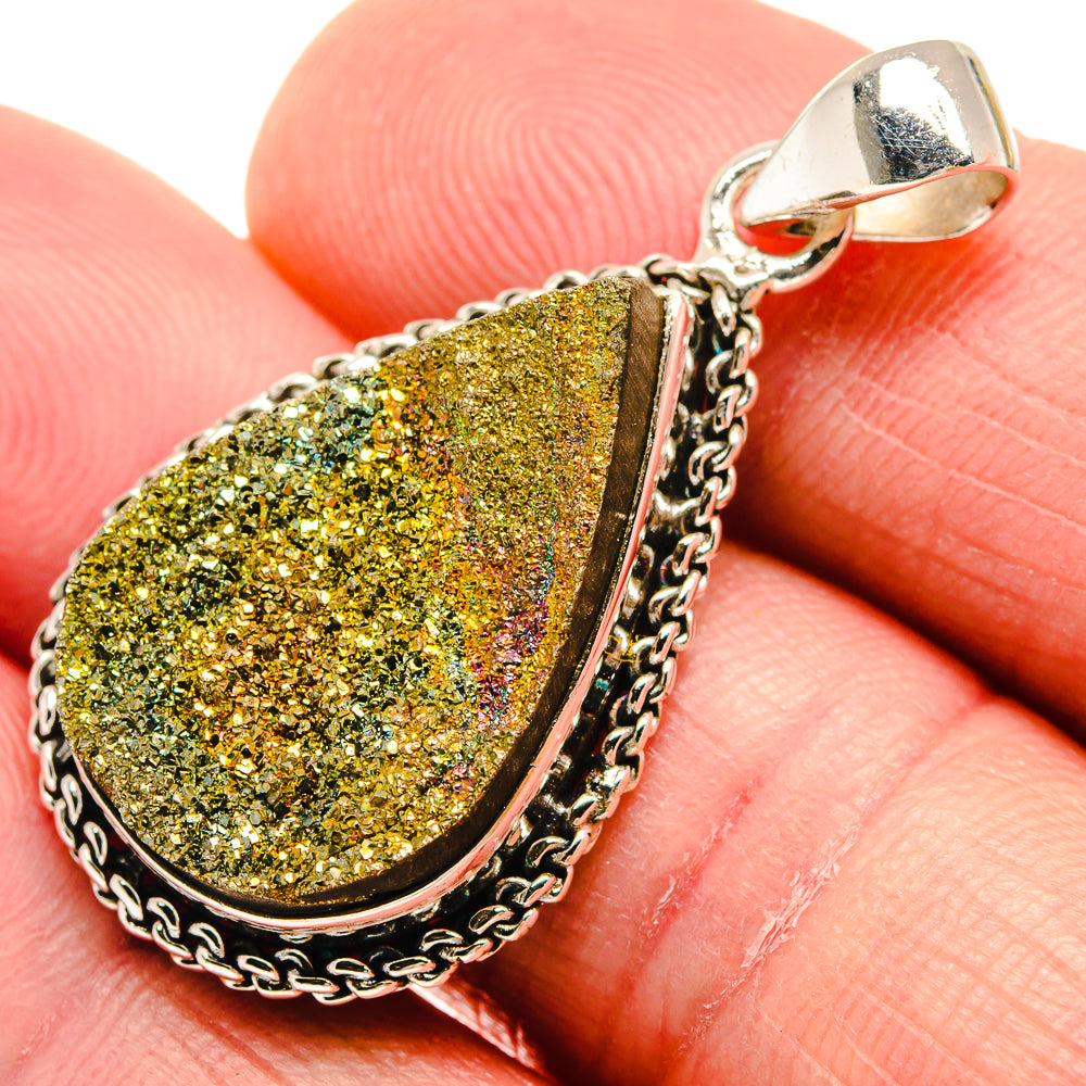 Sterling silver druzy pendant with teardrop yellow-gold glitter stone and loop bail