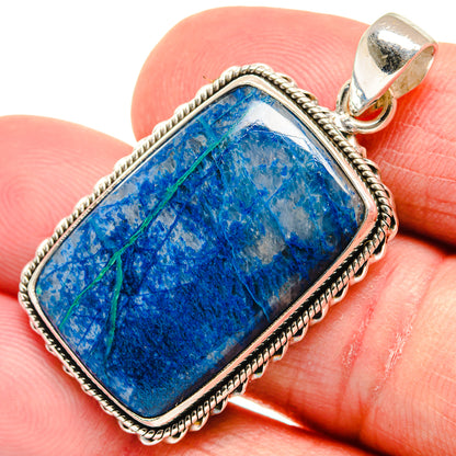 Rectangular apatite pendant in 925 sterling silver, blue stone with silver rope border
