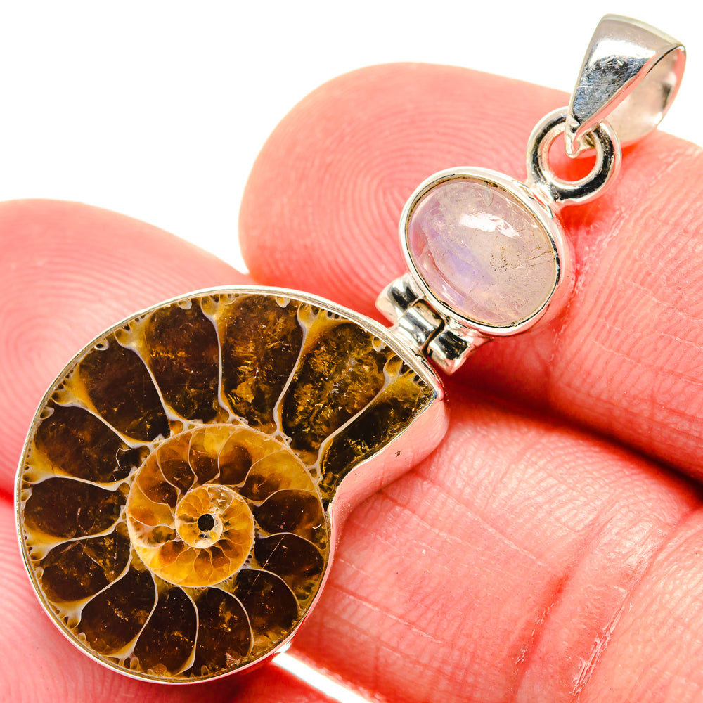 Ammonite Fossil, Rainbow Moonstone Pendants handcrafted by Ana Silver Co - PD21754