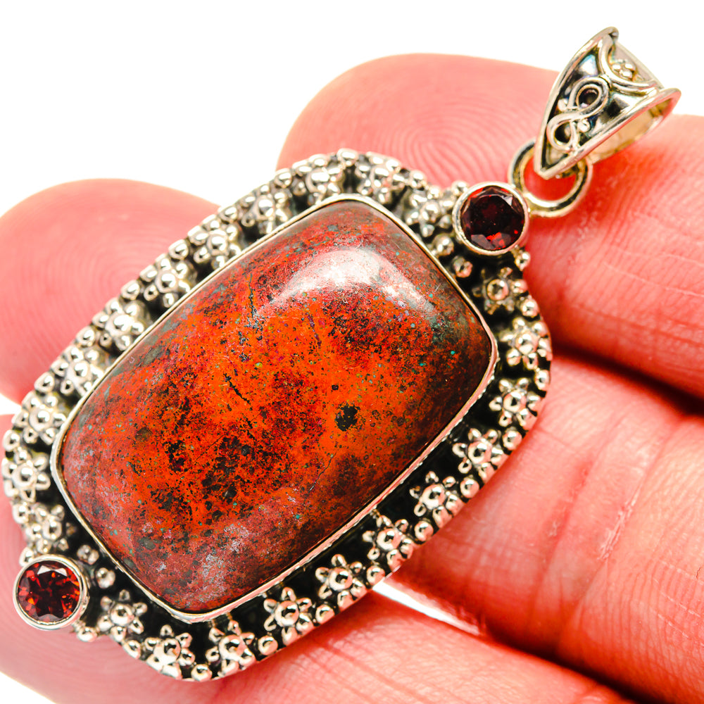 925 sterling silver garnet pendant, oval Sonora Sunrise stone, round red accents