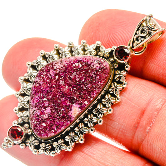 Cobalto Calcite Druzy, Garnet Pendants handcrafted by Ana Silver Co - PD21798