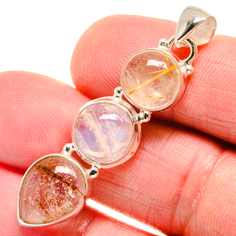 Four-stone 925 sterling silver oval pendant with gold and pale pink opalescent quartz