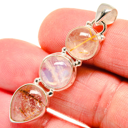 Four-stone 925 sterling silver oval pendant with gold and pale pink opalescent quartz
