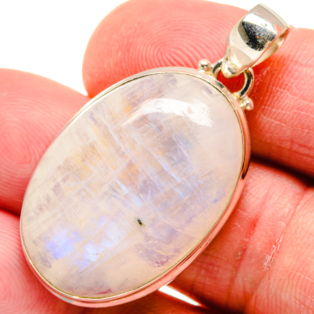 Oval rainbow moonstone pendant, 925 sterling silver bezel and bail