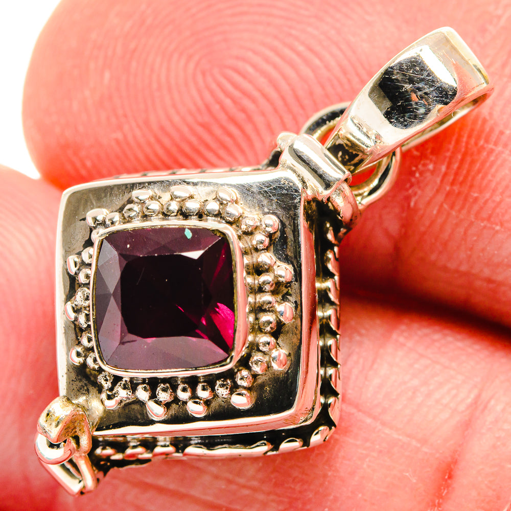 Square pink garnet gemstone pendant in sterling silver with beaded edges and bail