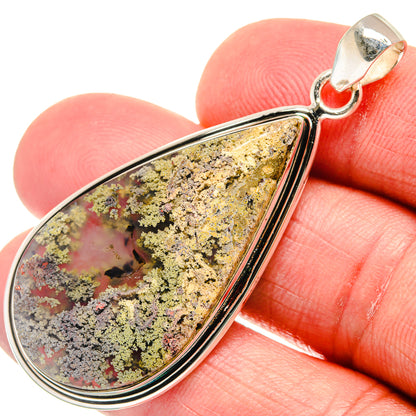 Sterling silver teardrop pendant with multicolor plume agate stone, square loop bail