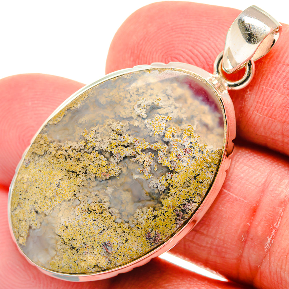 Oval sterling silver pendant with gray plume agate and golden flecks, bail loop