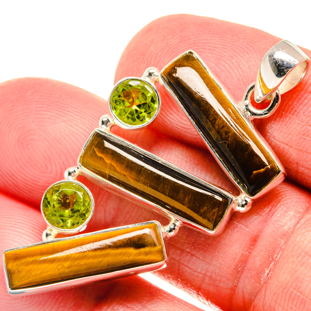 Sterling silver pendant with tiger eye brown rectangles and peridot green round stones