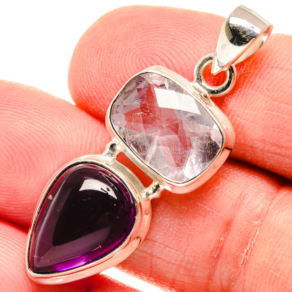 Sterling silver heart pendant with faceted clear stone and purple teardrop