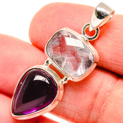 Sterling silver heart pendant with faceted clear stone and purple teardrop