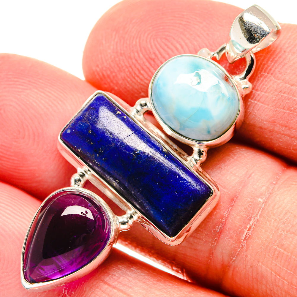Sterling silver pendant with blue lapis bar, turquoise oval, purple amethyst teardrop