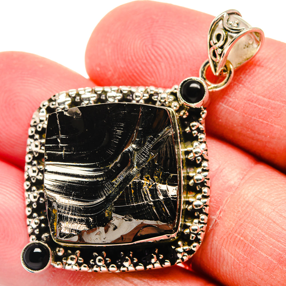 Black rough stone pendant in 925 sterling silver frame with black round accents