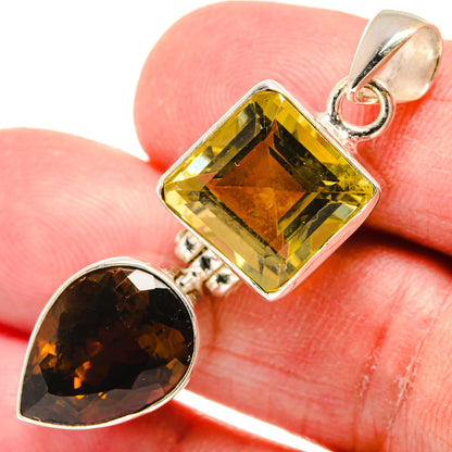 925 sterling silver pendant with square yellow citrine stone and round dark smoky quartz