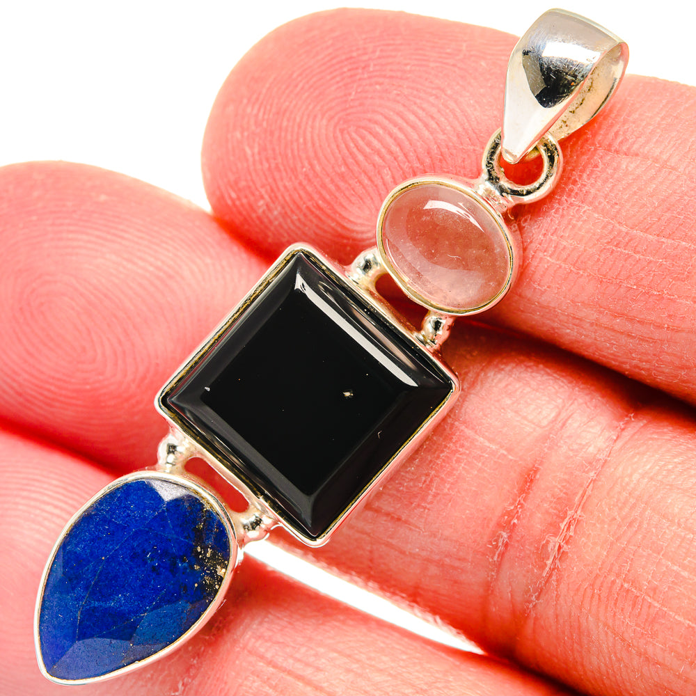Sterling silver pendant with black square stone, blue lapis oval, rose quartz round