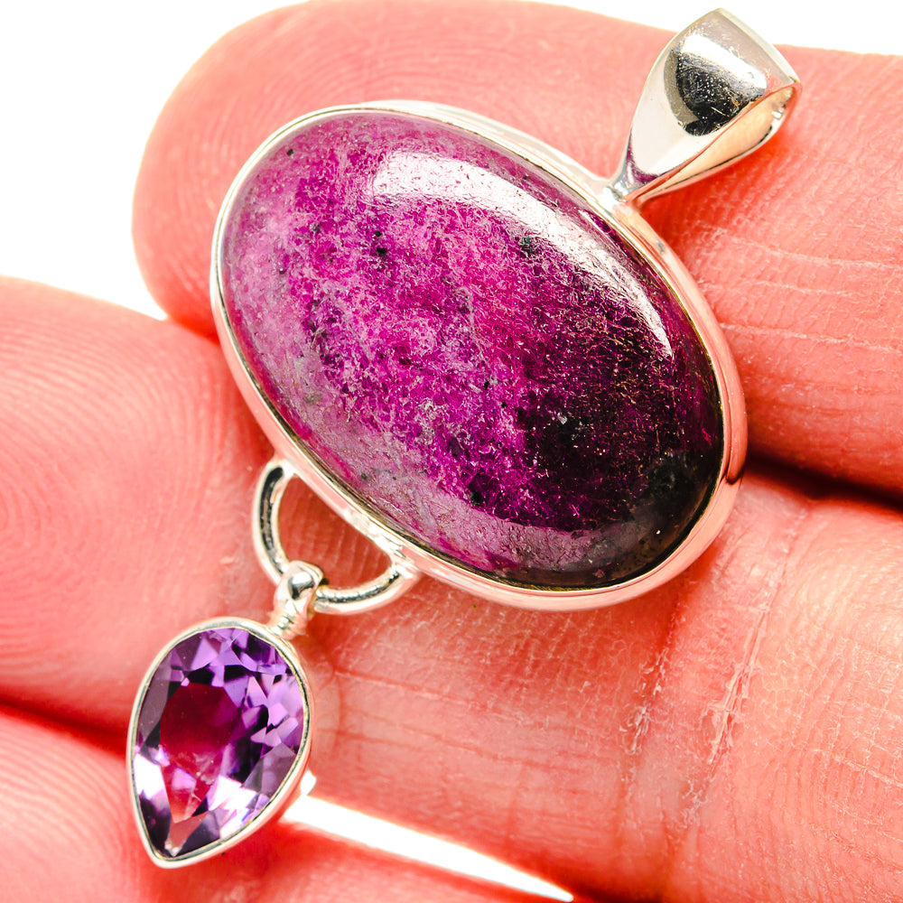 Sterling silver oval gemstone pendant with purple amethyst drop and top bail