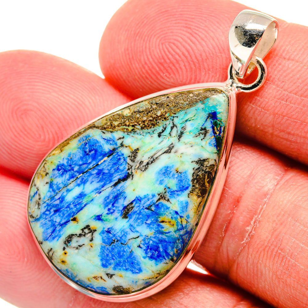 Teardrop azurite pendant in sterling silver, blue stone with gold-toned matrix