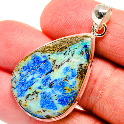 Teardrop azurite pendant in sterling silver, blue stone with gold-toned matrix
