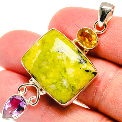 Sterling silver pendant with square yellow gemstone, citrine bead bail, amethyst heart charm