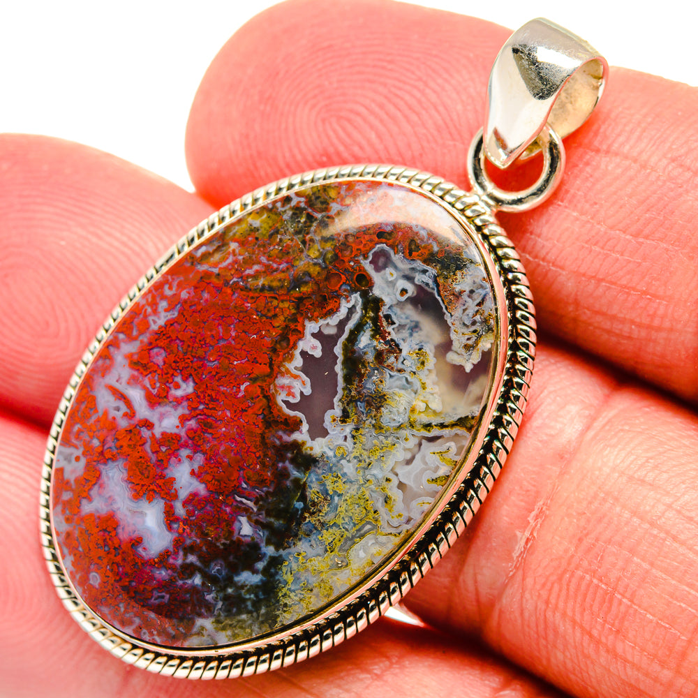 925 sterling silver plume agate pendant, oval cabochon with red, green, cream pattern