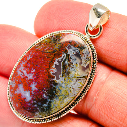 925 sterling silver plume agate pendant, oval cabochon with red, green, cream pattern