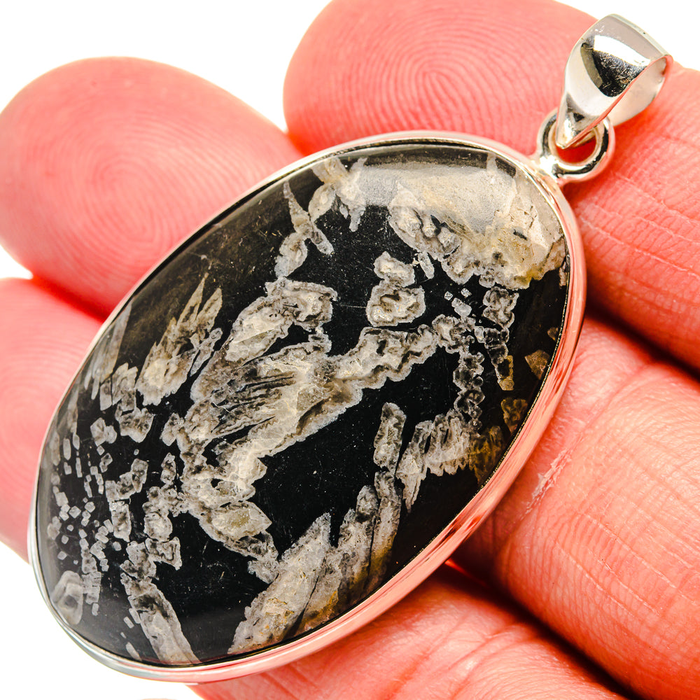 Oval chrysanthemum stone pendant with black-and-gray mineral veining, sterling silver edge