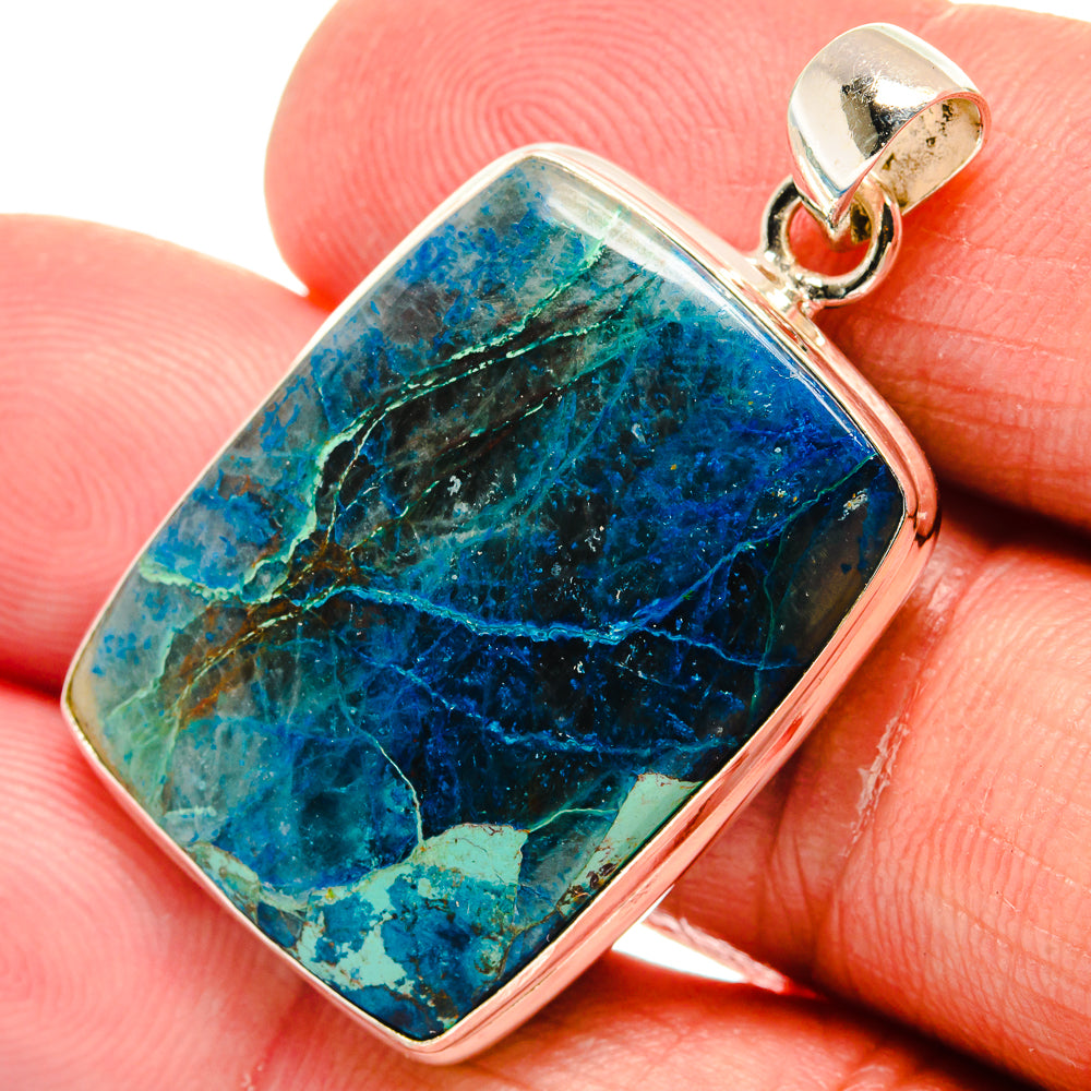 Chrysocolla-in-quartz pendant in square bezel, blue-green stone, 925 silver bail