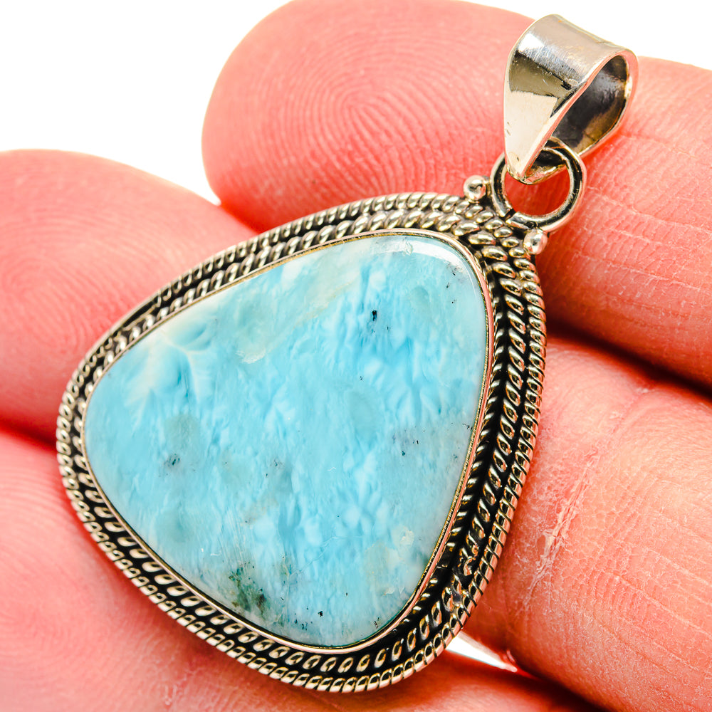 925 sterling silver Larimar pendant: oval blue stone in rope-textured frame