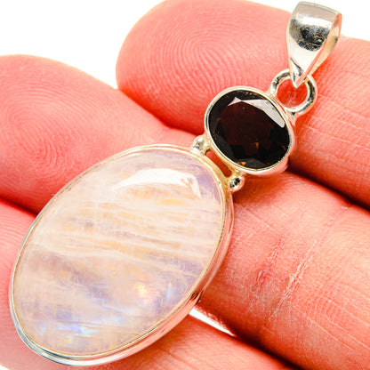 925 sterling silver pendant with large oval opalescent moonstone and dark smoky quartz