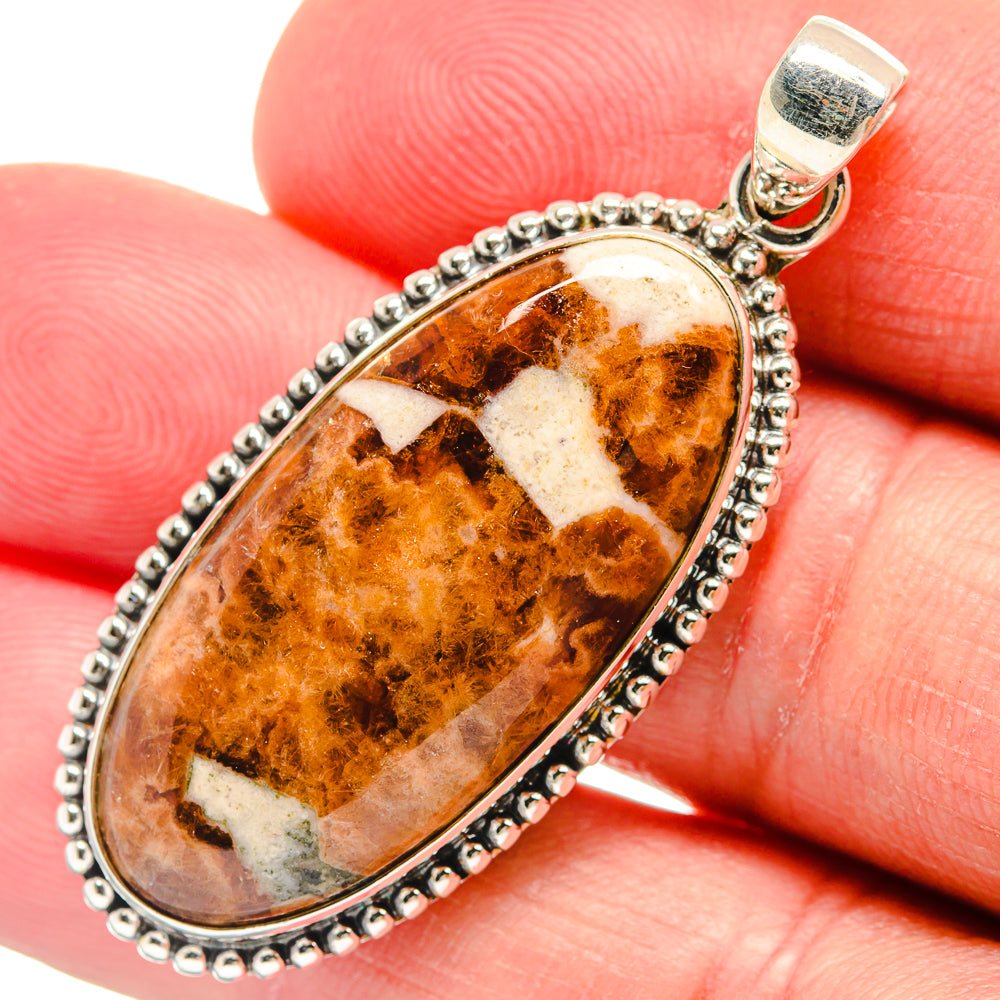Muscovite pendant with oval teardrop brown stone and beaded 925 sterling silver bezel