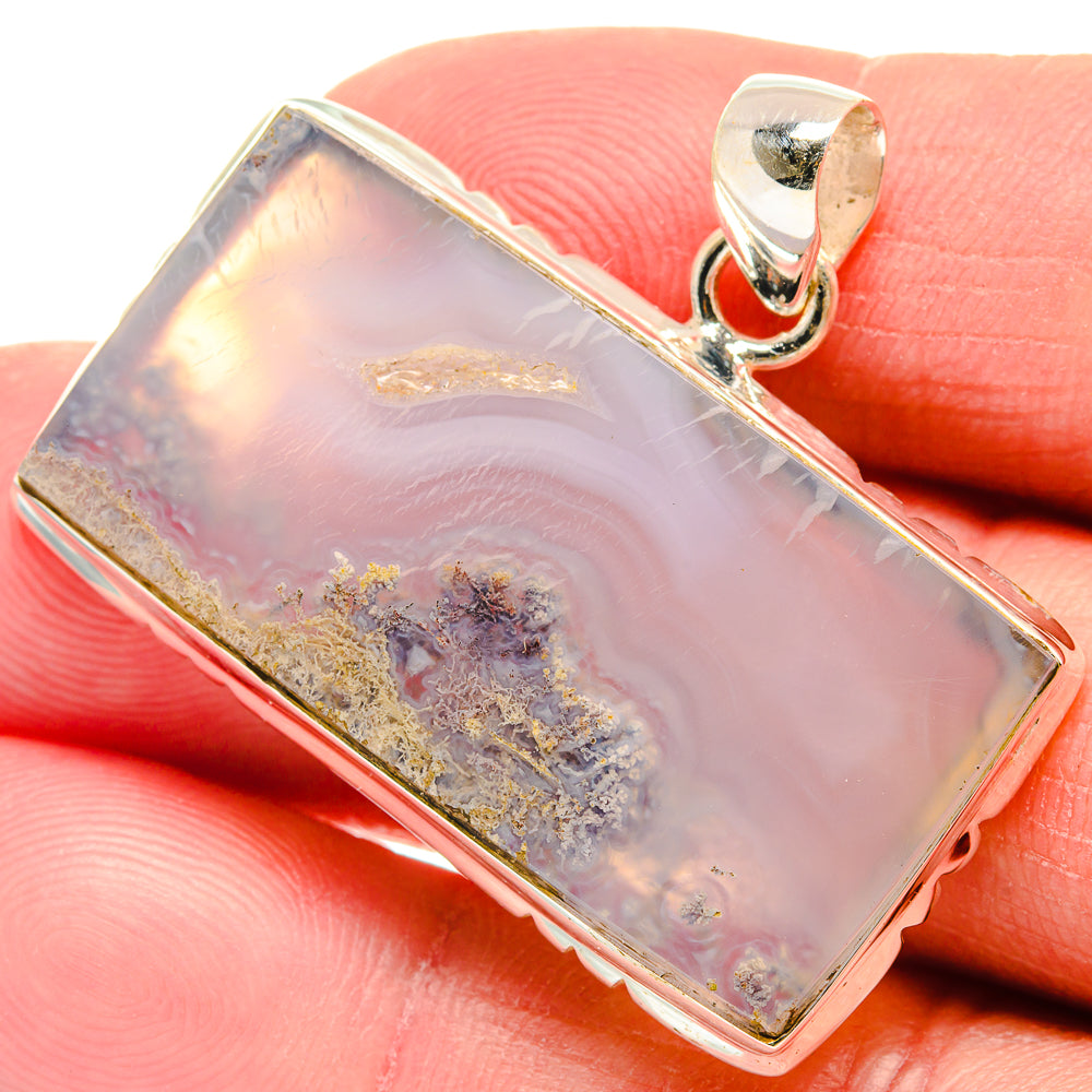 Rectangular plume agate pendant, rose-pink with dark plume inclusions, silver 925 bail