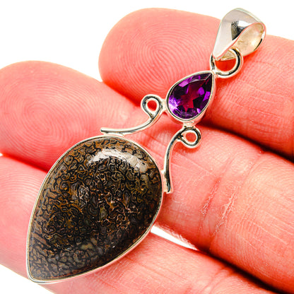 925 sterling silver pendant with heart dinosaur-bone back and purple amethyst teardrop