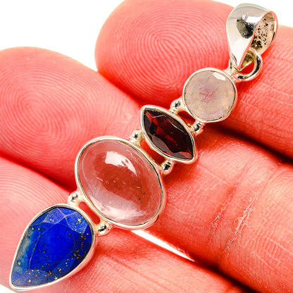 Close-up of 925 sterling silver gemstone pendant with blue lapis, pink moonstone, red garnet
