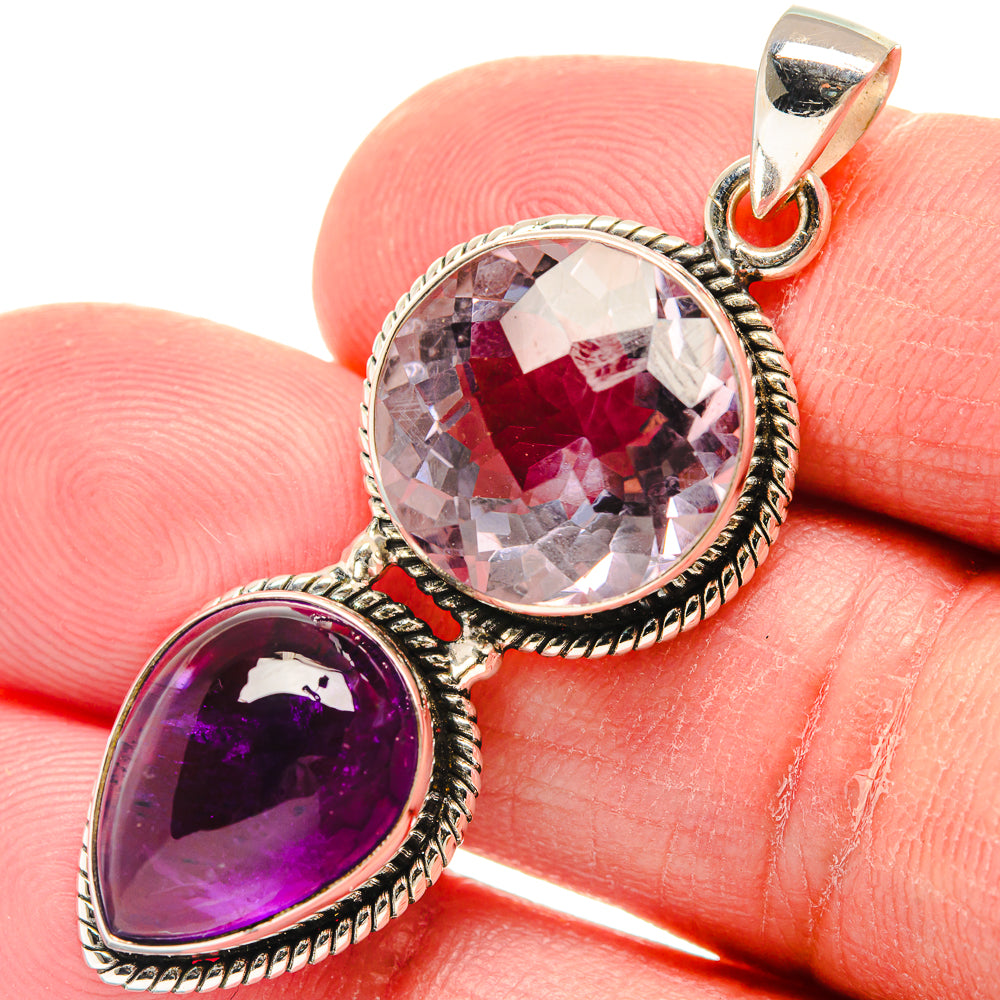 Sterling silver pendant with faceted round pink gemstone and purple oval drop