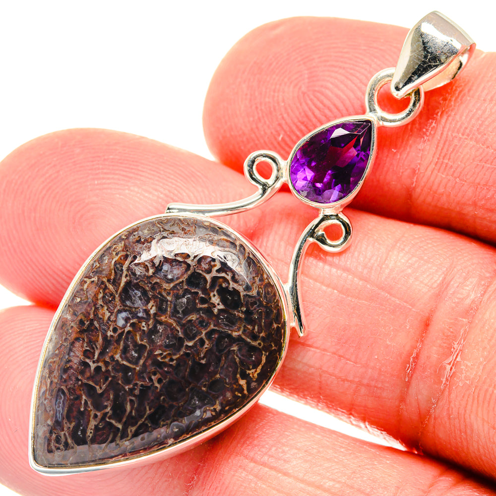 925 sterling silver dinosaur bone & amethyst teardrop pendant close-up with loops