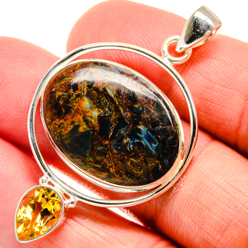 Oval pietersite gemstone pendant in polished 925 sterling silver with citrine teardrop