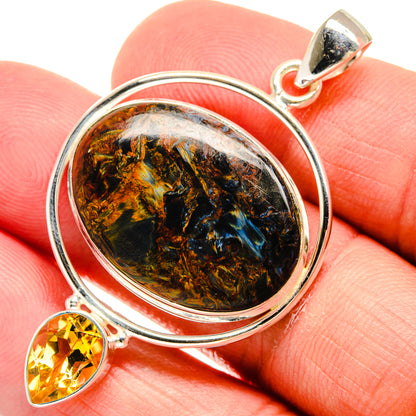 Oval pietersite gemstone pendant in polished 925 sterling silver with citrine teardrop