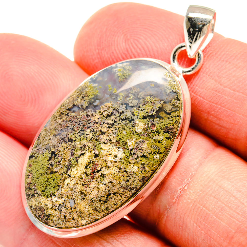 925 sterling silver plume agate pendant with oval cabochon, gold and dark speckled pattern