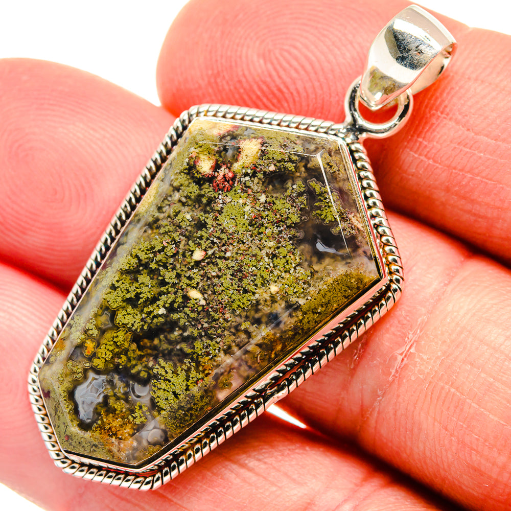 925 sterling silver plume agate pendant with mossy green and gold stone