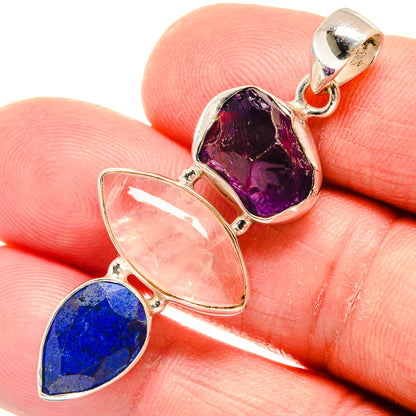 Sterling silver pendant with purple amethyst, pink rose quartz, blue lapis stones