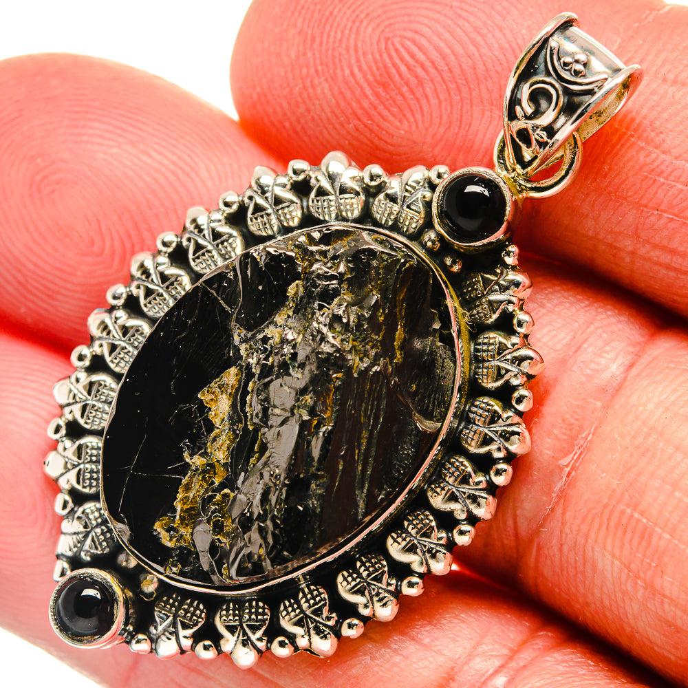 Rough shungite pendant with black onyx cabochons, ornate 925 sterling silver frame