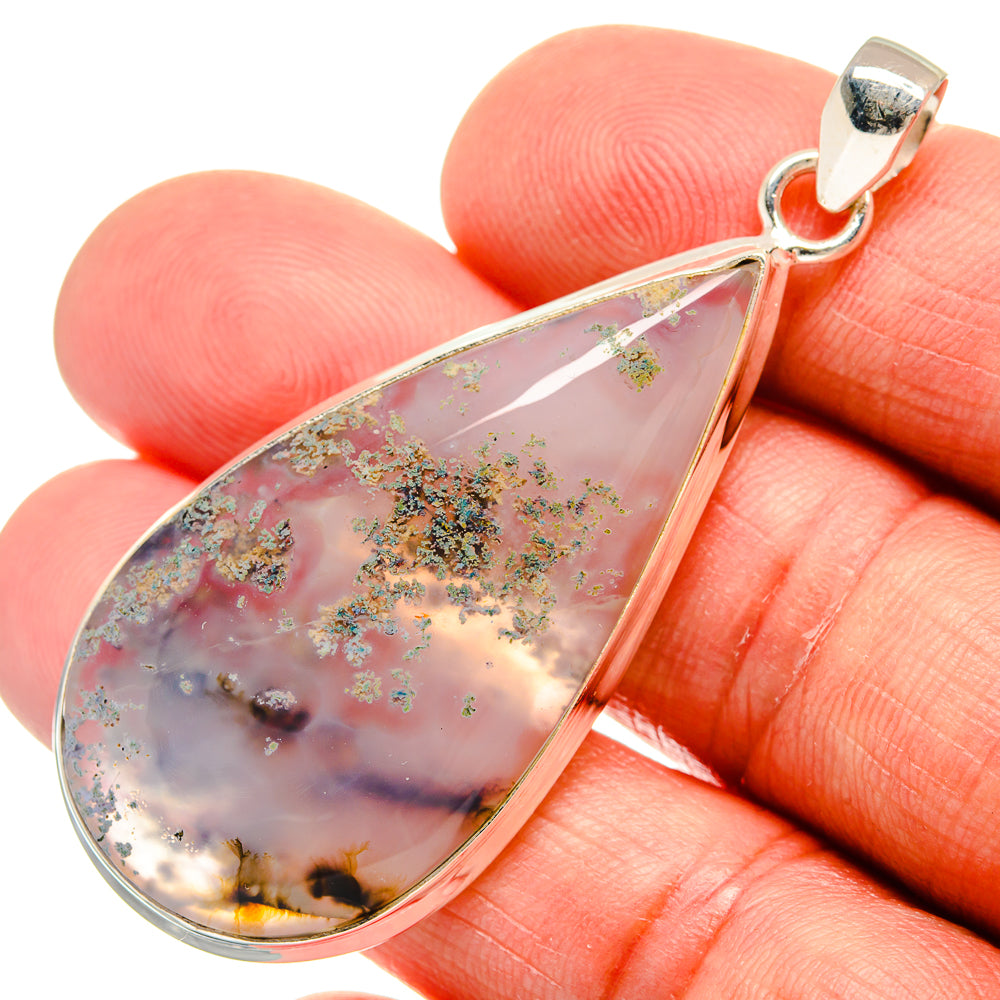 Teardrop plume agate pendant, 925 sterling silver bezel with open round bail