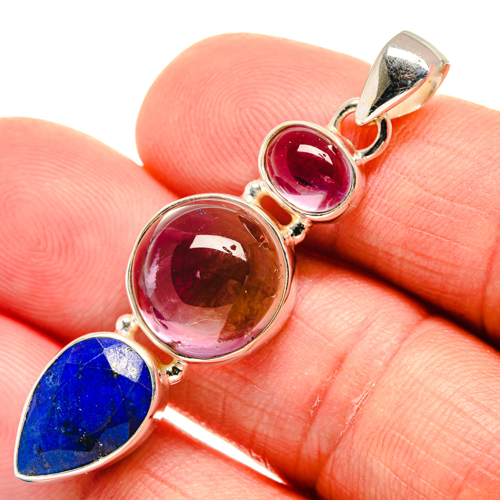 Sterling silver gemstone pendant with blue lapis and round pink, amber stones