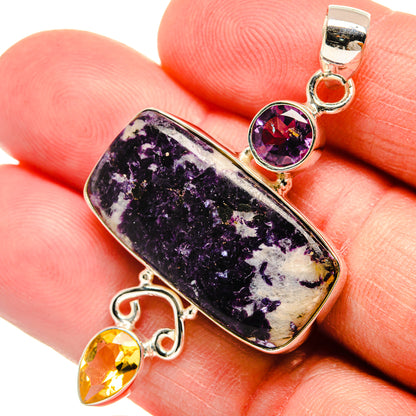 925 sterling silver pendant with rectangular purple druzy stone, amethyst round and citrine drop